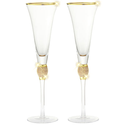 Berkware Set of 2 Trumpet Champagne Glasses - Luxurious Crystal Trumpet Champagne Flutes - Elegant Gold tone Rim & Rhinestone Embellishments - 9oz, 11" tall flutes - Champagne glasses for toasting