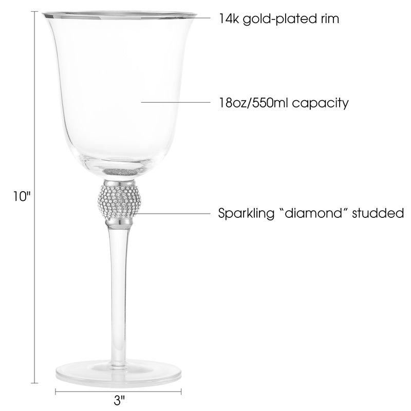 Berkware Set of 6 Rhodium Silver tone Wine Glasses - Luxurious Ros+¬ and White Wine Glass with Dazzling Rhinestone Design and Silver tone Rim