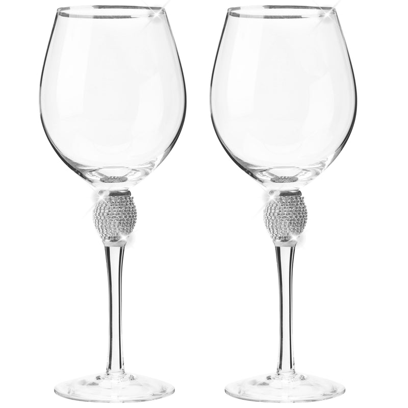 Berkware Red Wine Glass with Rhinestone Design and Silver Rim, Set of 2
