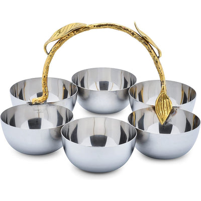 Berkware Shiny Polished Stainless Steel Six Sectional Serving Bowl with Gold tone Leaf Handle