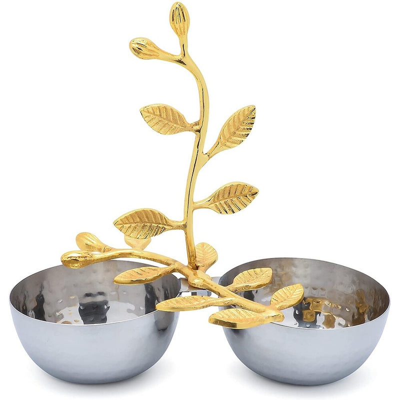 Berkware Shiny Polished Stainless Steel Two Sectional Serving Bowl with Gold tone Leaf Handle