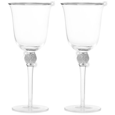 Berkware Set of 6 Rhodium Silver tone Wine Glasses - Luxurious Ros+¬ and White Wine Glass with Dazzling Rhinestone Design and Silver tone Rim