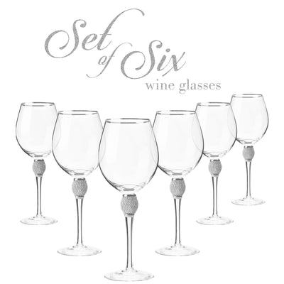 Berkware Red Wine Glass with Rhinestone Design and Silver Rim, Set of 6