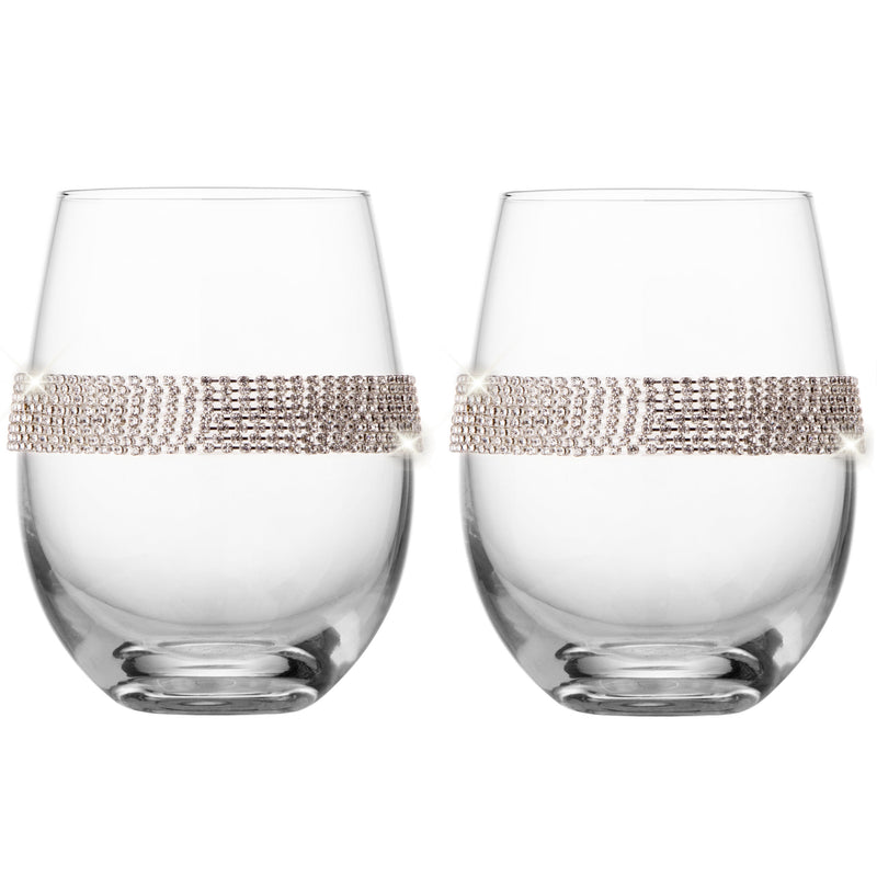 Berkware Set of 2 Stemless Wine Glass Tumblers - Elegant Rhinestone Embellishments  for toasting