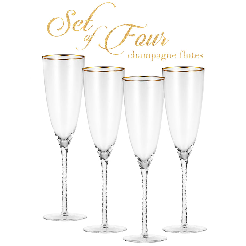 Berkware Champagne Glasses- Luxurious Crystal Champagne Flutes with Twisted Stem - Set of 4