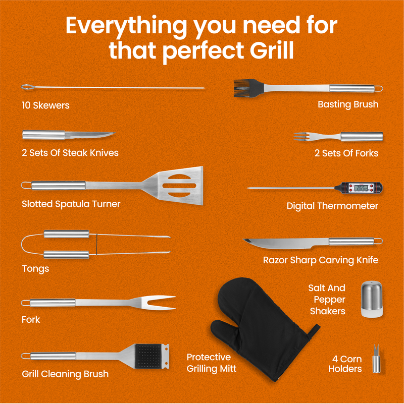 Berkware 28 Piece BBQ Grilling Set - Stainless Steel with Spatula Turner, Tongs & Other BBQ Grilling Accessories