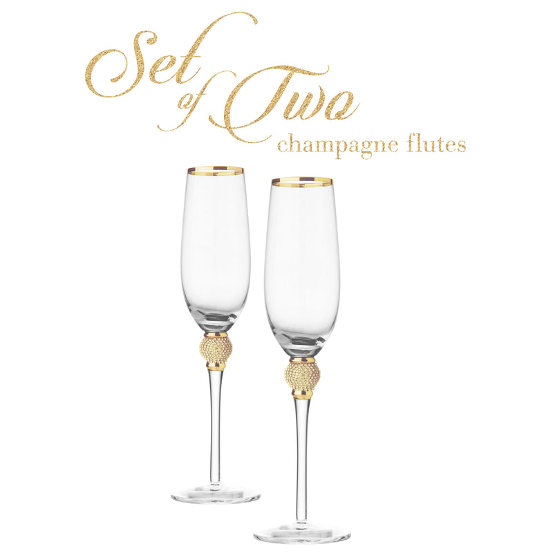 Berkware Set of 2 Champagne Glasses - Luxurious Champagne Flutes with Dazzling Rhinestone Design and Gold tone Rim