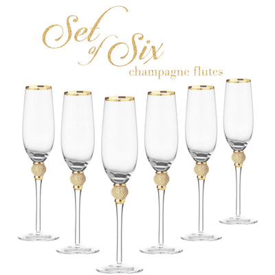 Berkware Set of 6 Champagne Glasses - Luxurious Champagne Flutes with Dazzling Rhinestone Design and Gold tone Rim