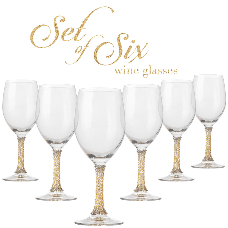 Berkware Set of 6 Crystal Wine Glasses - Elegant Gold tone Studded Long Stem Red Wine Glasses