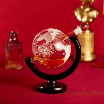 Berkware Globe Etched Decanter With Interior Hand-Crafted Glass Ship