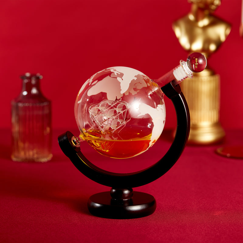Berkware Globe Etched Decanter With Interior Hand-Crafted Glass Ship