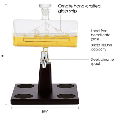 Berkware Decanter with Interior Hand-Crafted Ship-in-a-Bottle Design - with 4 Globe Glasses