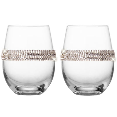 Berkware Stemless Wine Glasses with Silver tone Rhinestone Design, Set of 6