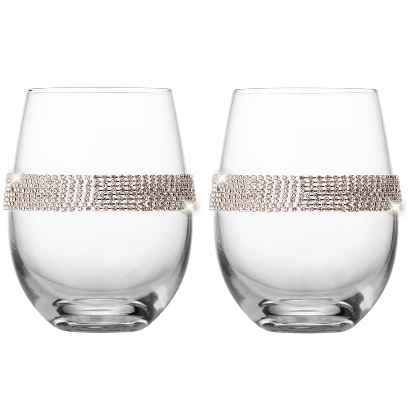 Berkware Stemless Wine Glasses with Silver Rhinestone Design, Set