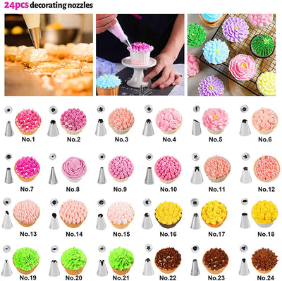 Cake Decorating Supplies Kit - 30 in 1 cake decorations, 24Pcs Professional Stainless Steel DIY Icing Tips with 3 Reusable Coupler & Storage Case & 3 Sizes Silicone Cake Decorating Pastry Bags