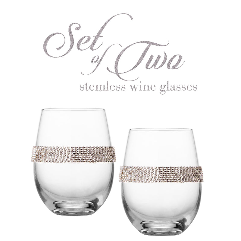 Berkware Set of 2 Stemless Wine Glass Tumblers - Elegant Rhinestone Embellishments  for toasting