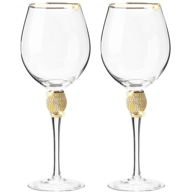 Berkware Set of 2 Wine Glasses - Luxurious and Elegant Sparkling Studded Long Stem Red Wine Glass with Gold tone Rim