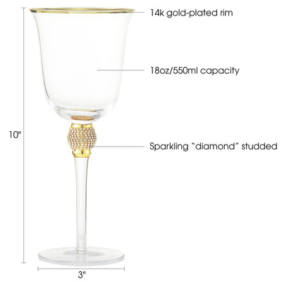 Berkware Set of 2 Gold tone Wine Glasses - Luxurious Rose and White Wine Glass with Dazzling Rhinestone Design and Gold tone Rim