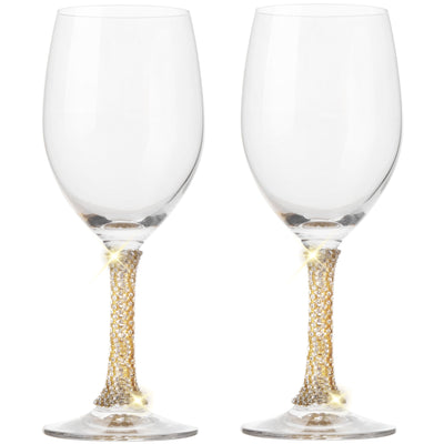 Berkware Set of 6 Crystal Wine Glasses - Elegant Gold tone Studded Long Stem Red Wine Glasses