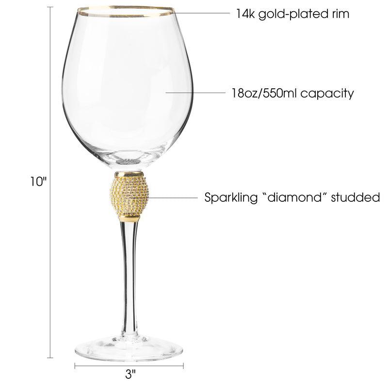 Berkware Luxurious and Elegant Sparkling Studded Long Stem Red Wine Glass  With Gold Tone Rim - Set of 6 Wine Glasses