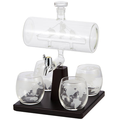 Berkware Decanter with Interior Hand-Crafted Ship-in-a-Bottle Design - with 4 Globe Glasses