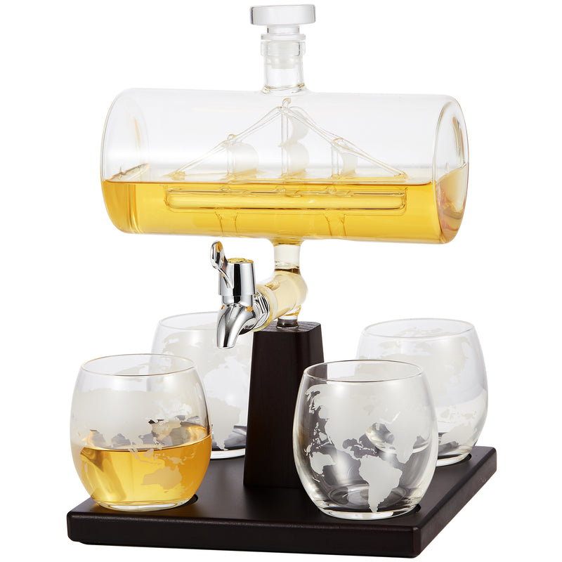 Berkware Decanter with Interior Hand-Crafted Ship-in-a-Bottle Design - with 4 Globe Glasses