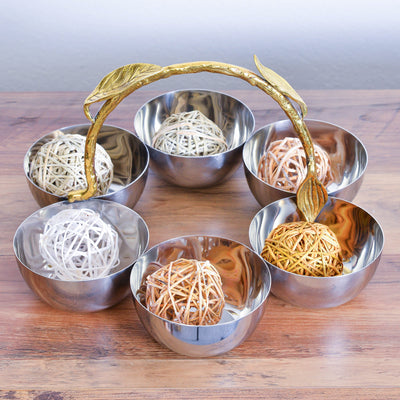 Berkware Shiny Polished Stainless Steel Six Sectional Serving Bowl with Gold tone Leaf Handle