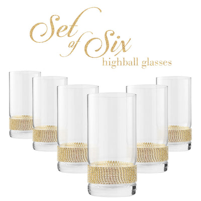 Berkware Luxurious Highball Cocktail Glasses - Sparkling "Rhinestone Diamond" Studded  Collins Glass - 16oz, Set of 6