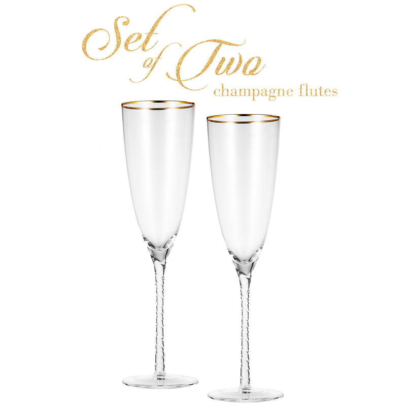 Berkware Twisted Stem Champagne Glass with Gold tone Rim, Set of 2