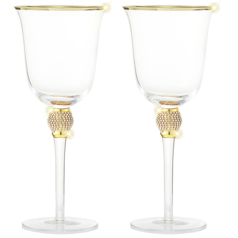 Berkware Classy Rhinestone Embellished Long Stem Rose Wine Glasses with  Gold Rim Design - 18oz (Set of 2)