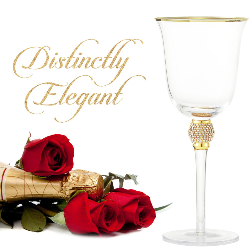 Berkware Set of 6 Gold tone Wine Glasses - Luxurious Rose and White Wine Glass with Dazzling Rhinestone Design and Gold tone Rim