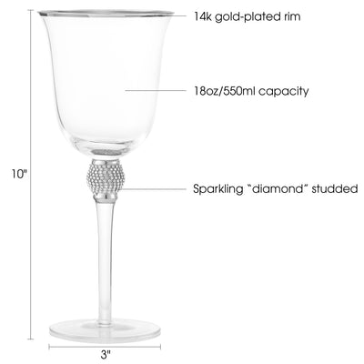 Berkware Set of 6 Rhodium Silver tone Wine Glasses - Luxurious Ros+¬ and White Wine Glass with Dazzling Rhinestone Design and Silver tone Rim