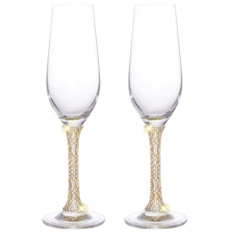 Berkware Champagne Glasses Set of 6 Luxurious Crystal Champagne Flutes - Elegant Rhinestone Embellished Stem- Six Gold tone Champagne Glasses for toasting