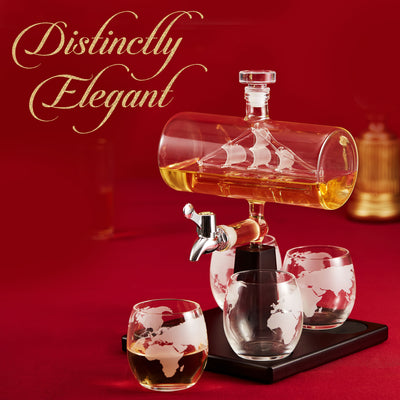 Berkware Decanter with Interior Hand-Crafted Ship-in-a-Bottle Design - with 4 Globe Glasses