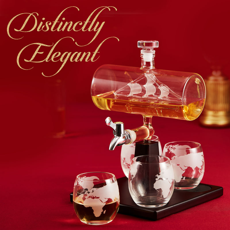 Berkware Decanter with Interior Hand-Crafted Ship-in-a-Bottle Design - with 4 Globe Glasses