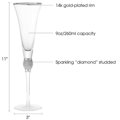 Berkware Set of 2 Crystal Trumpet Champagne Flutes with Gold tone Rim & Rhinestone Embellishments