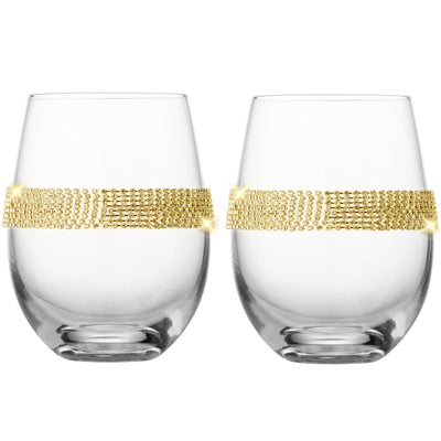 Berkware Set of 6 Luxurious Stemless Wine Glasses with Sparkling "Rhinestone Diamond" Studded  Design (Gold tone)