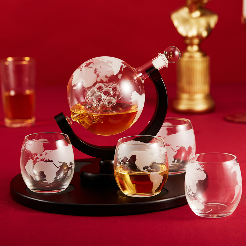 Berkware Globe Etched Whiskey Decanter With Interior Hand - 4 Glass Set