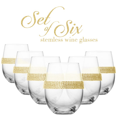 Berkware Set of 6 Luxurious Stemless Wine Glasses with Sparkling "Rhinestone Diamond" Studded  Design (Gold tone)