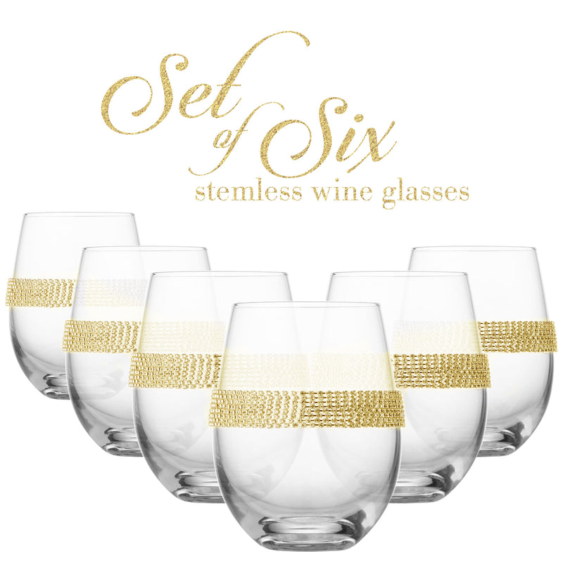 Berkware Luxurious and Elegant Sparkling Studded Long Stem Red Wine Glass  With Gold Tone Rim - Set of 6 Wine Glasses