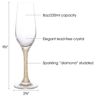 Berkware Champagne Glasses Set of 6 Luxurious Crystal Champagne Flutes - Elegant Rhinestone Embellished Stem- Six Gold tone Champagne Glasses for toasting