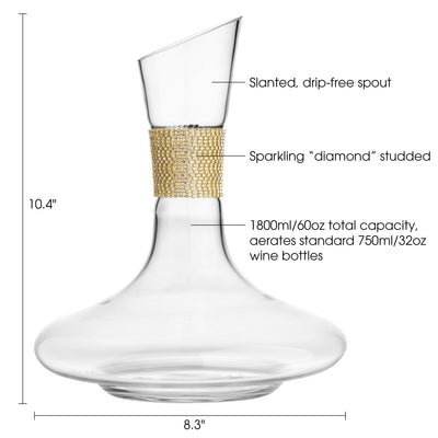 Berkware Red Wine Decanter - Luxurious 750ml Wide Base Glass Wine Carafe with Dazzling Rhinestone Design (Gold tone)