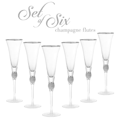 Berkware Set of 6 Champagne Glasses - Luxurious Champagne Trumpet Flutes with Silver tone Dazzling Rhinestone Design and Silver tone Rim