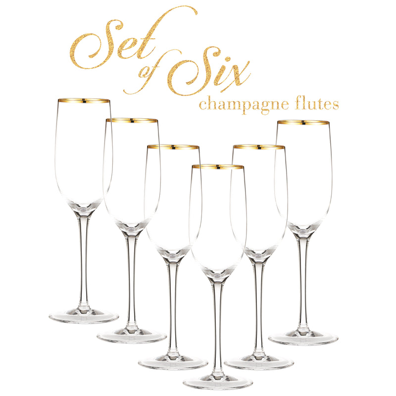 Berkware Crystal Champagne Flutes with Gold tone Rim -  Set of 6
