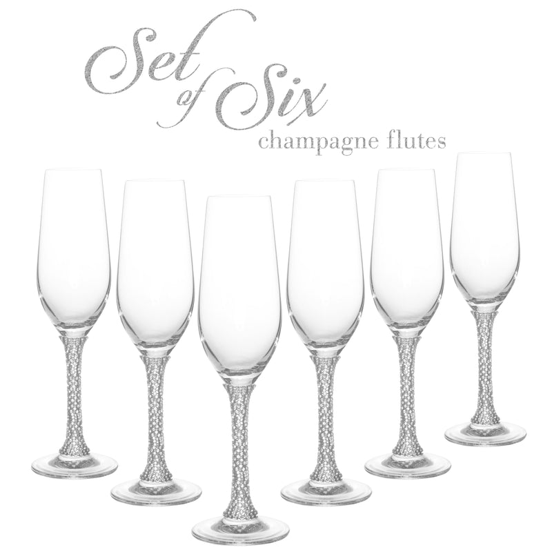 Berkware Champagne Glasses Set of 6  Luxurious Crystal Champagne Flutes - Elegant Rhinestone Embellished Stem - Six Silver tone Champagne Glasses for toasting