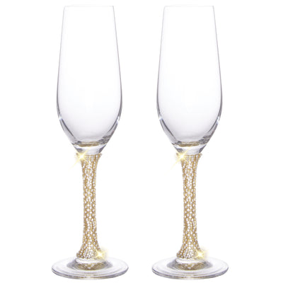 Berkware Champagne Glasses Set of 2 - Luxurious Crystal Champagne Flutes - Elegant Gold tone Rhinestone Embellished Stem