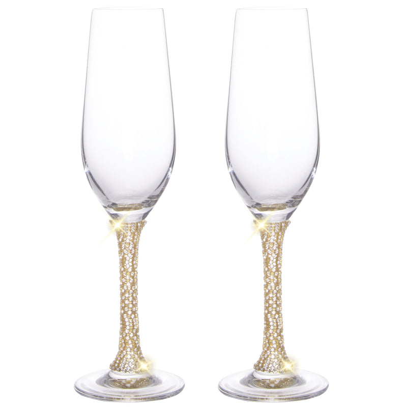 Berkware Champagne Glasses Set of 2 - Luxurious Crystal Champagne Flutes - Elegant Gold tone Rhinestone Embellished Stem