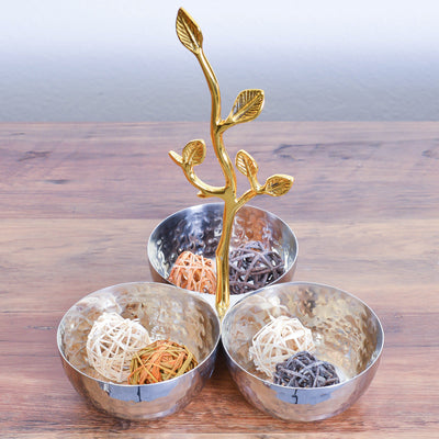 Berkware Shiny Polished Stainless Steel Three Sectional Serving Bowl with Gold tone Leaf Handle