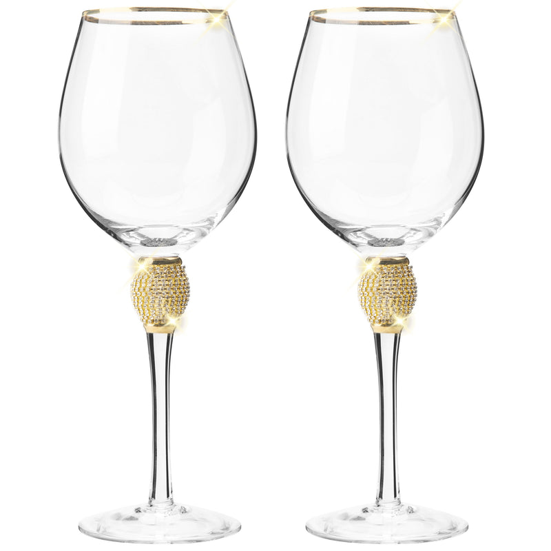 Berkware Luxurious and Elegant Sparkling Studded Long Stem Red Wine Glass  With Gold Tone Rim - Set of 6 Wine Glasses