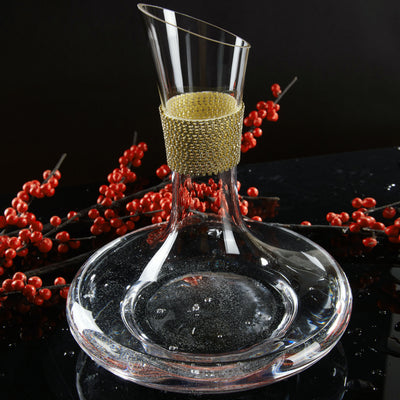 Berkware Red Wine Decanter - Luxurious 750ml Wide Base Glass Wine Carafe with Dazzling Rhinestone Design (Gold tone)